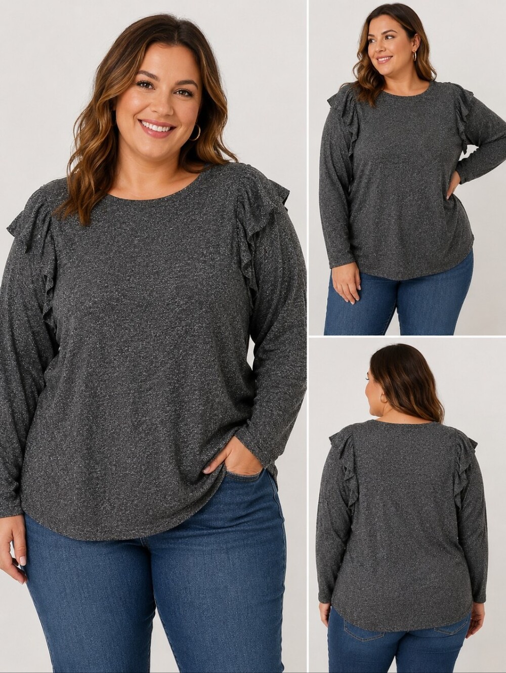 Ava & Viv Gray Ruffle Sleeve Long Sleeve Top 3X Plus Heathered Knit Shirt